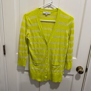 Loft Yellow Striped Light Weight Cardigan Spring Sweater Sz Med, Cotton blend